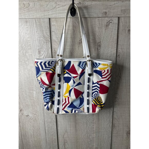 Liz Claiborne Handbag Beach Umbrella Print White Handles Red Striped Interior - Picture 2 of 11